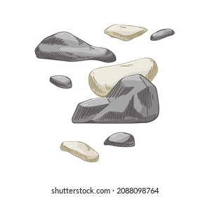 Las piedras se acumulan. Composición de las adobadas. Rough cobbles group. Fósiles naturales de montaña. Fragmentos y piezas de rock. Ilustración vectorial geológica a mano aislada en fondo blanco