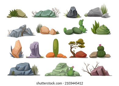 Stones with plant, colorful boulders with desert plants, rocks with cactuses and grass. Cartoon vector illustration of various stones.