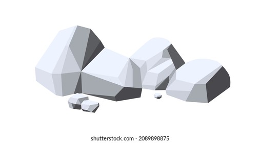 Stones with polygonal facets. Angular cobblestones pile and cobbles pieces. Rocks heap. Geometrical rocky composition. Lowpoly cartoon vector illustration isolated on white background