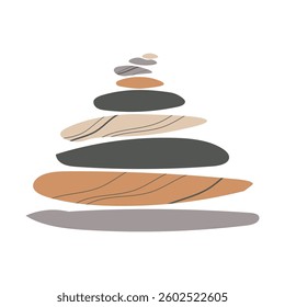 Stones pyramid on isolated background in flat style. Tourist symbol for luck and dream from pile of pebbles on shore for sign, logo, card, print, paper. Vector for recreation, religion, spa, vacation 