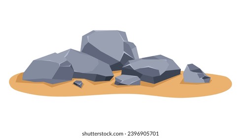 Stones and rocks on sand in flat style. Gray rock stones heap. Mountains, geology, mineral concepts. Wild nature cartoon vector illustration isolated on white background