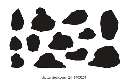 Conjunto de siluetas de piedras y rocas. Ilustración de pizarra de roca natural negra. Ilustración vectorial de polenta desmenuzada. Silueta del suelo, tierra