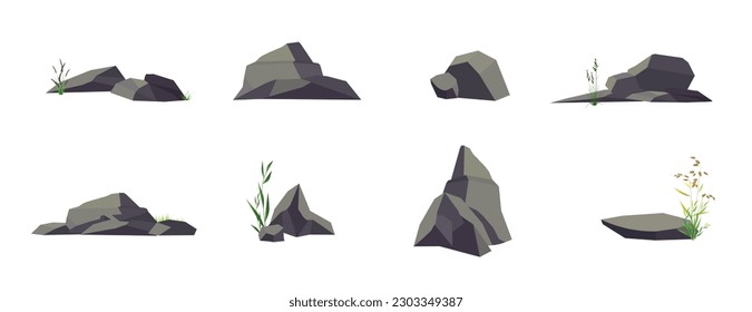 Piedras y rocas (algunas con plantas silvestres en las cercanías) aisladas de fondo blanco. Conjunto de dibujos vectoriales.