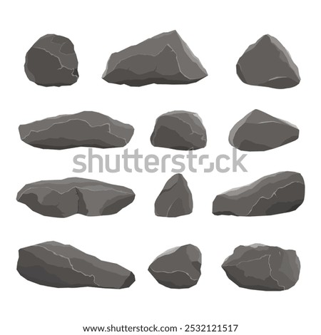 Stones and rocks vector icon set isolated on white background. Stone boulder, rubble or gravel. Pile of rocks.