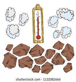 Stones for sauna stove, steam clouds, thermometer for Russian bath for body hygiene. Set of accessories for bath, sauna. Hand drawing in sketch style. Isolated object on white background.