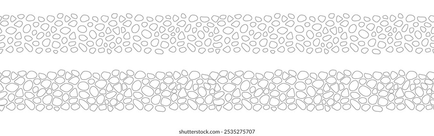 Stones seamless borders vector set. Black and white paving seamless patterns. Smooth pebble template background. Doodle cobblestones and cute rounded outlines shapes for interior and science design