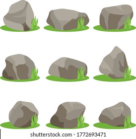 Stones, set of stones with green grass isolated on a white background. Vector, cartoon illustration. Vector.