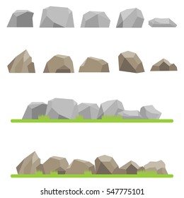 Stones, set stones, mountains, terrain, gray. Flat design, vector illustration, vector.