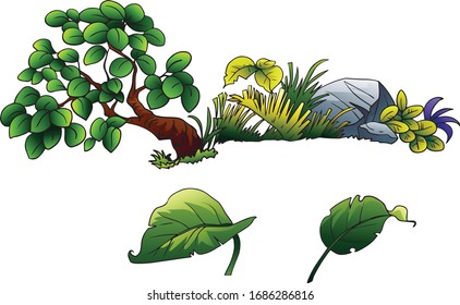 The stones and shrubs isolated on white background.