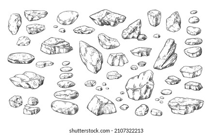 Stones sketch. Hand drawn pebble and boulders in piles. Outline doodle rock structure. Natural material. Cobblestone shapes. Isolated geological elements. Vector granite rubbles set