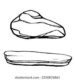 Stones sketch. Vector monochrome illustrations of Natural stone in outline style. Hand drawings in black and white graphics. Outline doodle rock structure. Pebble and boulders painted by black inks