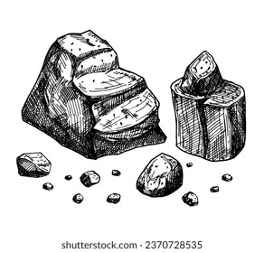 Stones sketch vector. Rocks. Gravel, pebble. Natural rocky slate lump engraving hand drawn in retro style. Black and white illustration isolated on white background. Set