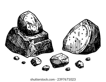 Stones sketch vector. Rocks. Gravel, pebble. Natural rocky slate lump engraving hand drawn in retro style. Black and white illustration isolated on white background. Set