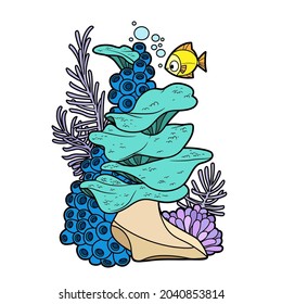 Stones with sponges and anemones color variation for coloring page isolated on white background