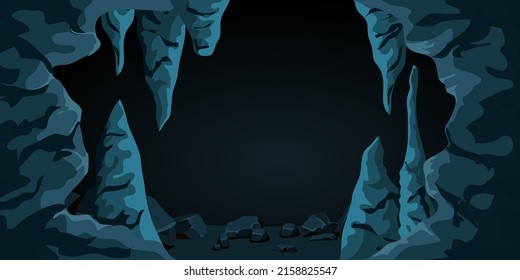 Stones, stalactites and stalagmites in a dark and cold mysterious cave. Cartoon landscape of the underworld.