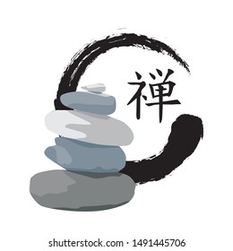 Stones, symbol and Japanese calligraphic characters meaning "zen", vector