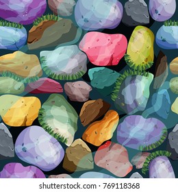 Stones texture multicolored. Vector seamless pattern. Underwater pebble wallpaper.