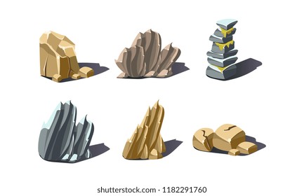 Stones of various shapes set, rocks and boulders vector Illustration on a white background