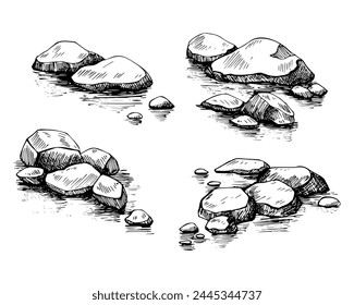 Stones vector sketch. Hand drawn illustration with painted by black inks on isolated background. Engraving nature. Monochrome drawing natural stack of rocks in line art and doodle style