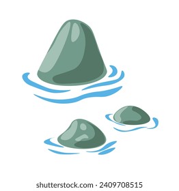 Stones in water. Decorative element of natural or artificially created reservoir. Calming atmosphere. Isolated rocks with waves around. Aesthetic appeal of aquatic environments. Vector in flat style