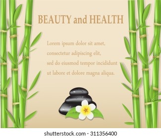 Stones with water drops, flower frangipani and leaves on a light background with bamboo