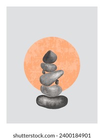Stones watercolor monochrome hand drawn, poster Peach fuzz color trend 2024, minimalist design elements in boho style . Wall art, home deco.