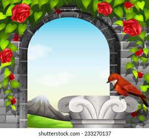 A stonewall with roses and a bird