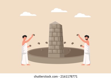 The Stoning of the Devil in city of mina. Hajj and umrah concept. Colored flat vector illustration.