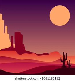 Stony Arizona desert with silhouettes of cacti. Natural scenery of North America. Vector design for poster, print or postcard