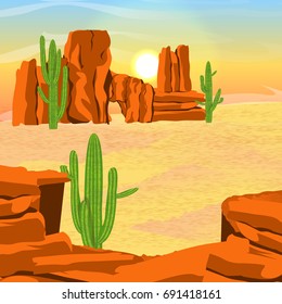 Stony Arizona or Mexican desert with rocks, sand dunes and a canyon of red stone. Large green cacti. Dawn. View from above. Vector landscape can be used in newsletter, brochures, postcards, banner.