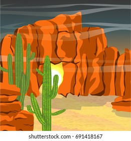 Stony Arizona or Mexican desert with rocks, sand dunes and a canyon of red stone. Large green cacti. Sunset.  Vector landscape can be used in newsletter, brochures, postcards, banner.