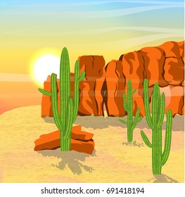 Stony Arizona or Mexican desert with rocks, sand dunes and a canyon of red stone. Large green cacti. Dawn. Vector landscape can be used in newsletter, brochures, postcards, banner.