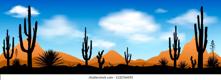 Stony desert with cactuses against the blue sky and white clouds. Desert, landscape, cacti and other plants against the blue sky.                                  