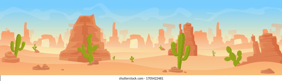 Panorama de paisajes de arena dorada paisaje plano caricatura vectorial fondo. Naturaleza silvestre panorámica sin vida, terreno caliente y seco sin agua bajo el sol abrasador, cactus verdes. Juego de banners horizontales