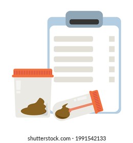 Análisis de heces, resultados de ensayos de heces y contenedor, tubo de ensayo con ilustración vectorial de material biológico