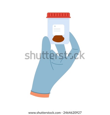 Stool analysis. Laboratory container in hand with excrement. Plastic container with feces sample
