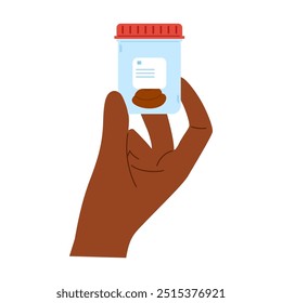 Stuhlanalyse. Poop-Test. Kunststoffbehälter mit Biomaterial für Laboranalysen auf afrikanischer Hand

