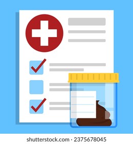 Vector de análisis de herramientas aislado. Examen médico del excremento. Formulario de documento detrás del contenedor de plástico. Investigación médica.