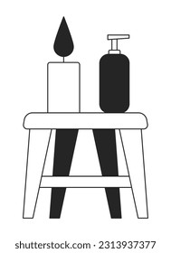 Stool with candles, spa product line art vector cartoon icon. Editorial, magazine spot illustration black and white. Outline object isolated on white. Editable 2D simple drawing, graphic design