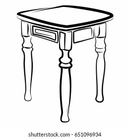 Stool, chair without back, with carved figure legs. Furniture in the style of a line drawing, outline drawing. Black-and-white, monochrome drawing of smooth lines. Vector illustration