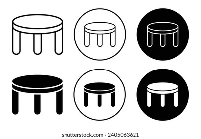 Stool icon. three legged backless house stool table to sit at home. household tripod barstool or round tabouret symbol. wooden 3 leg stool chair foe sitting in cafe vector set sign