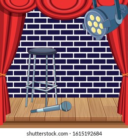 Stool Microphone Spotlight Curtains Stage Wall Brick Stand Up Comedy Show Vector Illustration