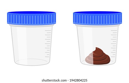 Stool Sample, Empty And Full Plastic Cups. Poop Analysis. Laboratory Examination Concept. Vector Cartoon Illustration.