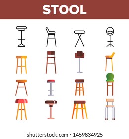 Stool, Sitting Furniture Vector Linear Icons Set. Bar Stool, Furniture And Seating. House Interior Items For Sitting Thin Line Pictograms. Home Trendy Design Elements Flat Illustrations