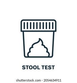 Stool Test Line Icon. Sample For Laboratory Research Linear Pictogram. Medical Exam Of Feces Outline Icon. Editable Stroke. Isolated Vector Illustration.