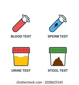Stool, Urine, Sperm, Blood Test Set Flat Icon. Medical Exam of Blood, Feces, Semen, Urine Icon. Sample for Laboratory Research Pictogram. Isolated Vector Illustration.