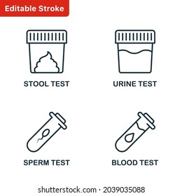 Stool, Urine, Sperm, Blood Test Set Line Icon. Sample for Laboratory Research Linear Pictogram. Medical Exam of Blood, Feces, Semen, Urine Outline Icon. Editable Stroke. Isolated Vector Illustration.