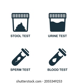 Stool, Urine, Sperm, Blood Test Set Silhouette Icon. Sample For Laboratory Research Pictogram. Medical Exam Of Blood, Feces, Semen, Urine Glyph Icon. Isolated Vector Illustration.