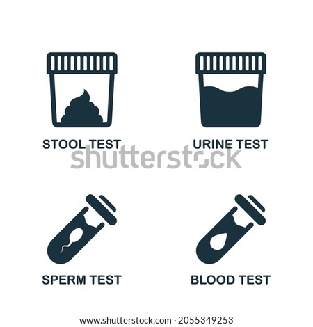 Stool, Urine, Sperm, Blood Test Set Silhouette Icon. Sample for Laboratory Research Pictogram. Medical Exam of Blood, Feces, Semen, Urine Glyph Icon. Isolated Vector Illustration.