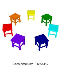 Stools arranged in a circle, painted in colors of the rainbow. Vector illustration.